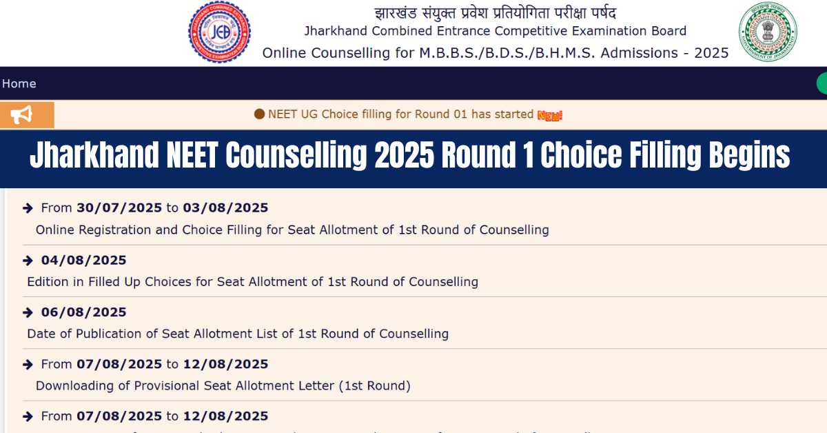 Jharkhand NEET 2025 Round 1 Counselling Begins: Apply by August 3 for State Quota MBBS/BDS Seats